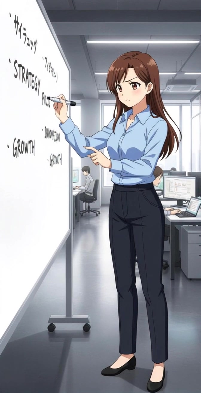 Subject: A young woman actively writing on a whiteboard, her long brown hair cascading over her shoulders. Scene: Office setting with colleagues working at desks in the background, creating a productive atmosphere. Style: Bright, ambient lighting illuminating the workspace, projecting a sense of collaboration. Motion: Camera smoothly pushes in from the side, capturing the woman's focused expression and the whiteboard full of ideas, then pivots to show the engaged team behind her.