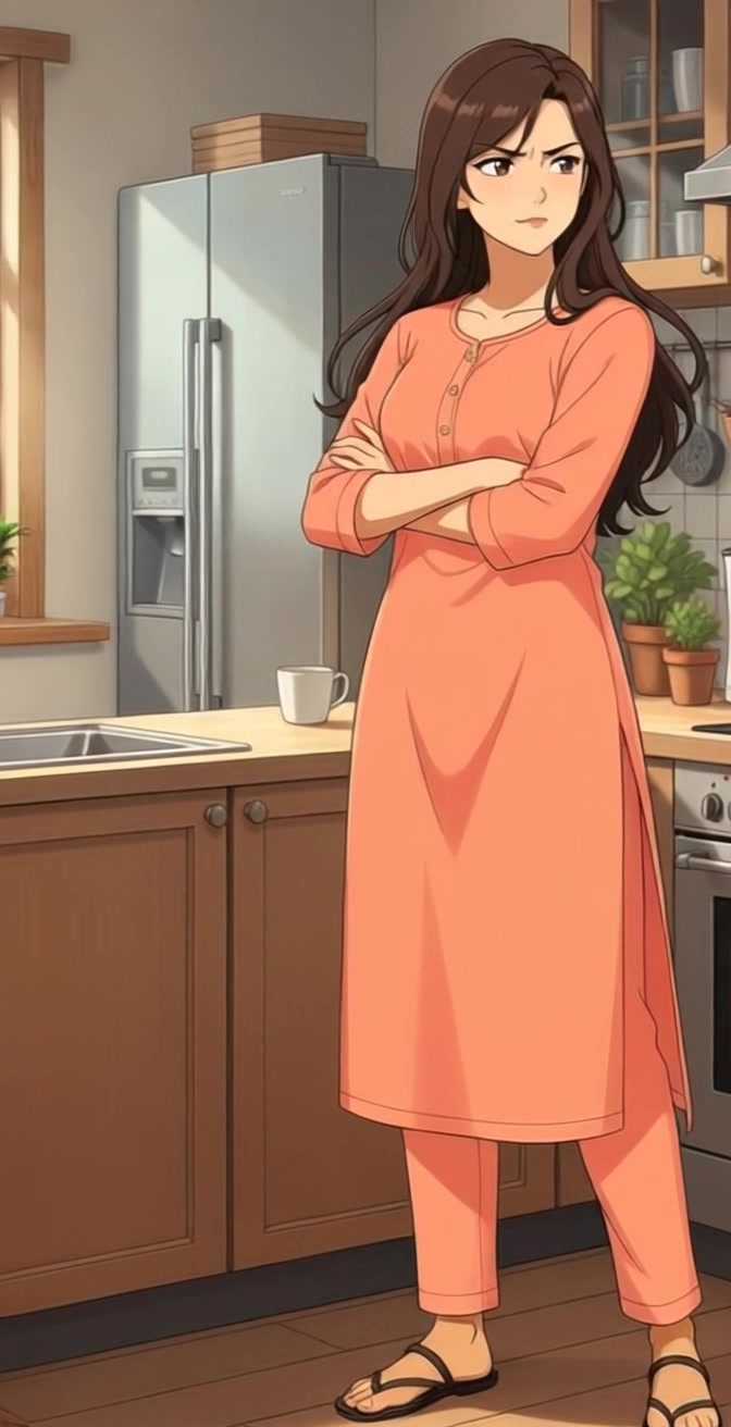 Scene: A kitchen adorned with wooden cabinets and a stainless steel refrigerator, featuring a young woman in a peach-colored traditional outfit standing with her arms crossed, exuding a slight air of upset or contemplation. Lighting: Warm, soft light filtering through the window, creating a cozy atmosphere. Motion: The camera slowly pushes in towards the woman, capturing her thoughtful expression, then gently rotates to reveal the inviting kitchen environment filled with potted plants and everyday kitchen items.