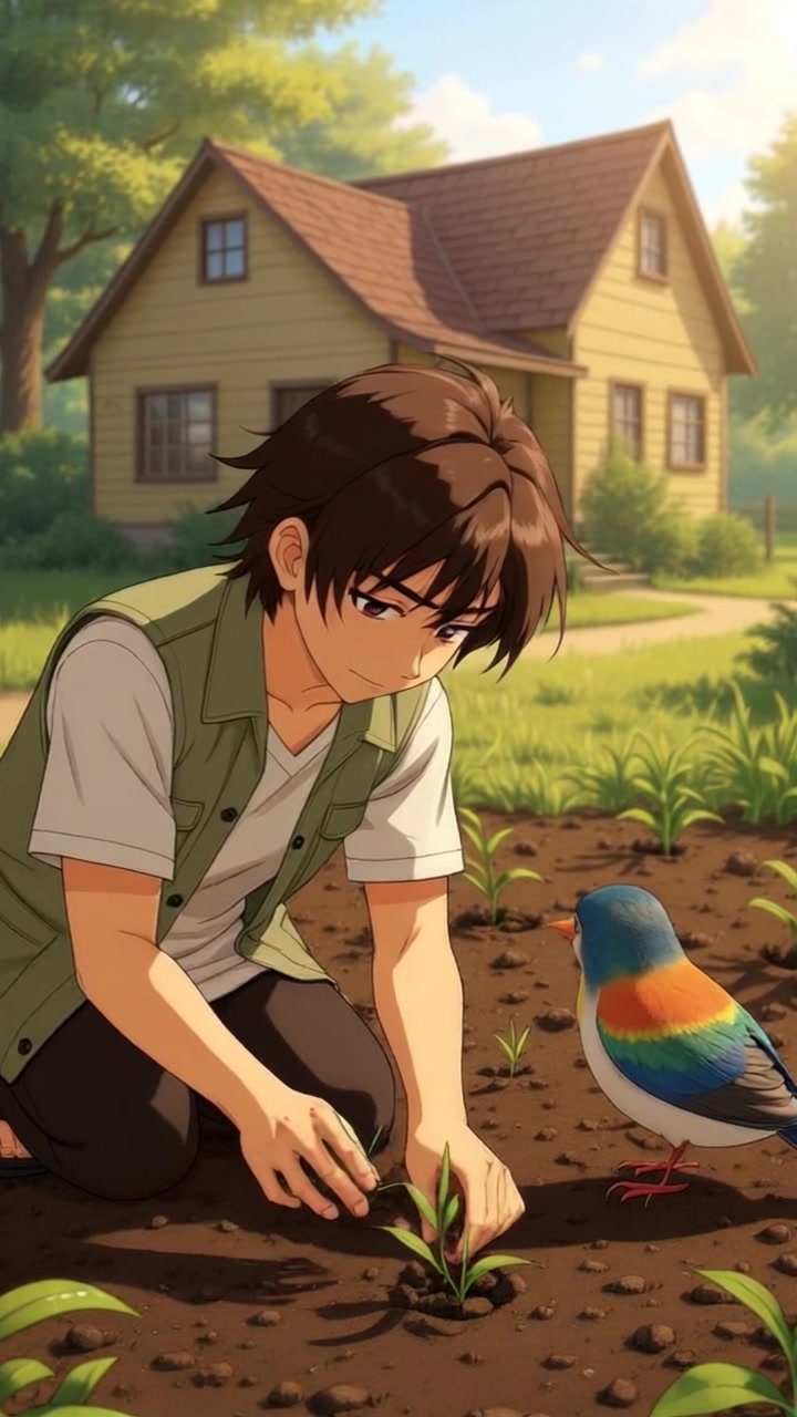Subject: A young boy kneeling in a garden bed, carefully tending to small plants, a colorful animated bird flutters nearby. Scene: Vibrant garden setting with a yellow house and brown roof in the background, bathed in sunlight. Motion: The camera smoothly tracks in towards the boy as he gently tends to the plants, capturing the lively interactions of the bird above him. Lighting: Bright, cheerful sunlight illuminates the scene, creating an inviting atmosphere.