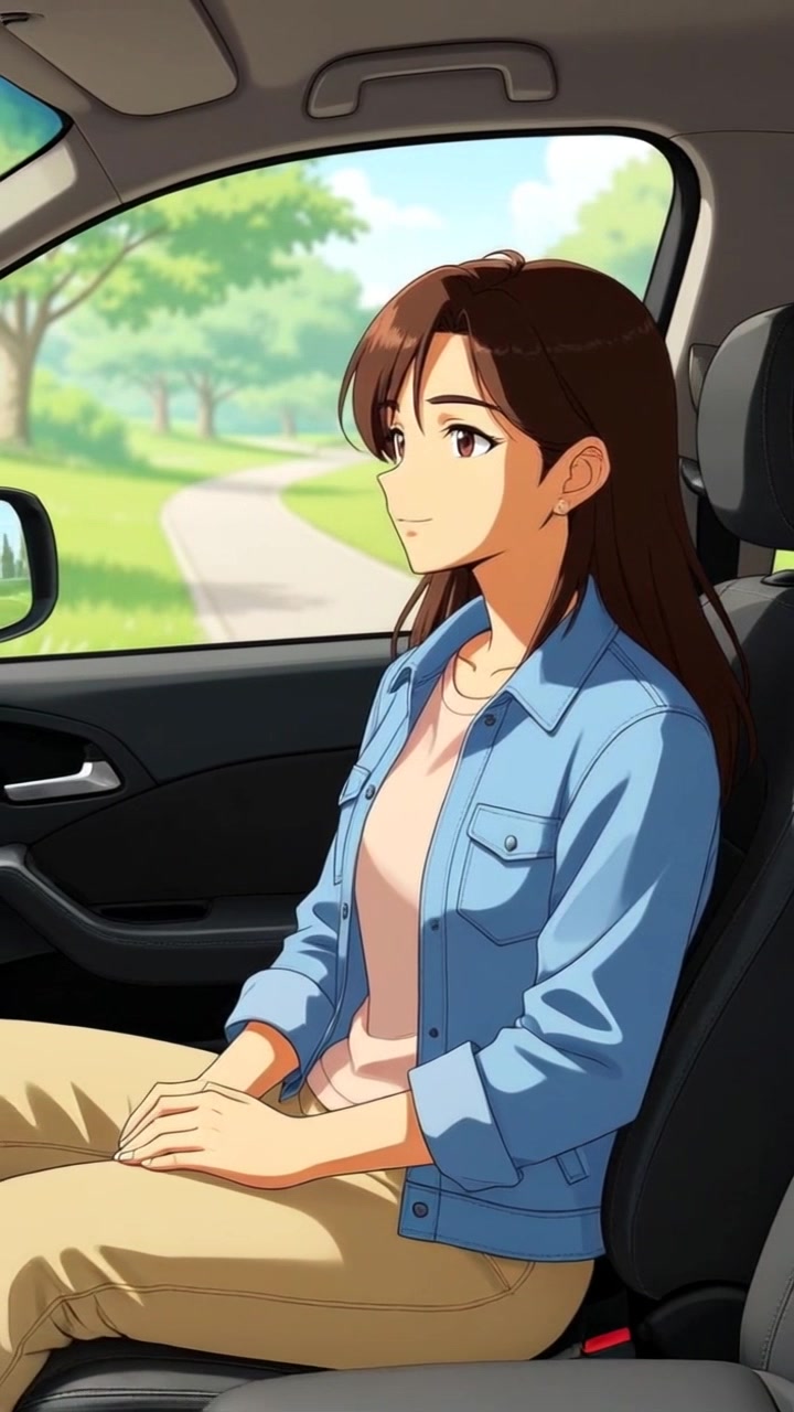 Subject: A serene young woman with long brown hair, sitting quietly in the passenger seat of a car. Scene: The interior of a car with a bright green landscape moving past the window, showcasing the beauty of nature. Style: Gentle daylight illuminating the scene, creating a calm and inviting atmosphere. Motion: The camera performs a smooth push out, revealing the car's interior while capturing the dynamic greenery outside as it glides by.