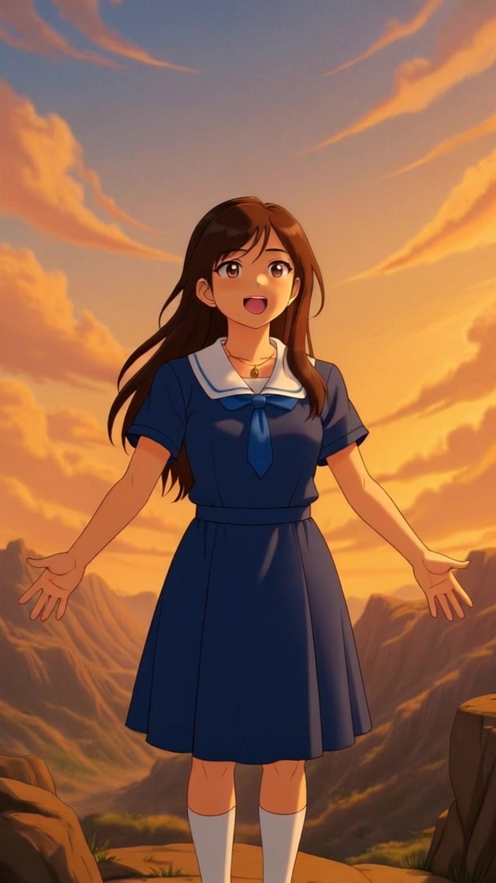 Subject: A young anime-style girl with long brown hair. Subject movement: She stands outdoors with her arms wide open, welcoming the warmth of the sunset. Scene: Against a vibrant sunset over mountainous terrain, the sky is painted with rich oranges and pinks, casting a soft glow. Style: Warm lighting adds an ethereal quality. Motion: The camera slowly pushes in towards her as the colors intensify, revealing the expansive landscape behind her, enveloping her in the breathtaking beauty of the moment.