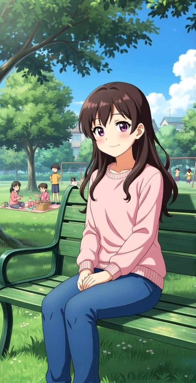 Scene: A young woman with long brown hair, dressed in a pink sweater and blue jeans, sits comfortably on a green park bench, smiling warmly. In the background, children joyfully play on swings and engage in a lively picnic beneath a leafy tree on a bright, sunny day. Motion: The camera slowly dolly zooms in on the woman, capturing her genuine smile while subtly revealing the animated atmosphere of laughter and play around her, all bathed in inviting, natural light.