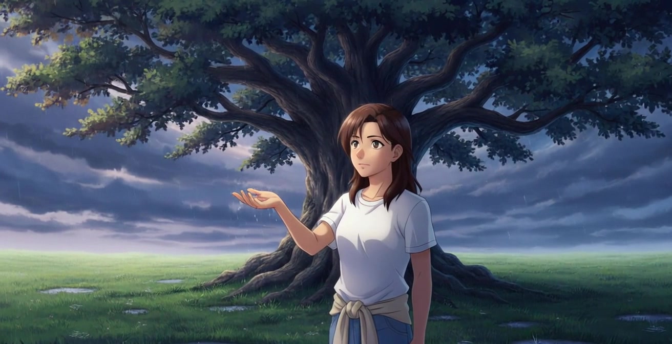 Subject: A young woman standing beneath a large, old tree in a field. Subject movement: She gently holds out her hand to catch raindrops falling from the sky as the rain lightly drizzles around her. Scene: A serene field with the old tree in the foreground, under a dramatic cloudy sky creating a tranquil atmosphere. Style: Soft ambient light filtering through the clouds, enhancing the vivid greens of the grass and earthy browns of the tree. Motion: Camera slowly pushes in towards the woman, capturing the delicate motion of her hand as raindrops land on her palm, with occasional dramatic pans to emphasize the surrounding landscape.