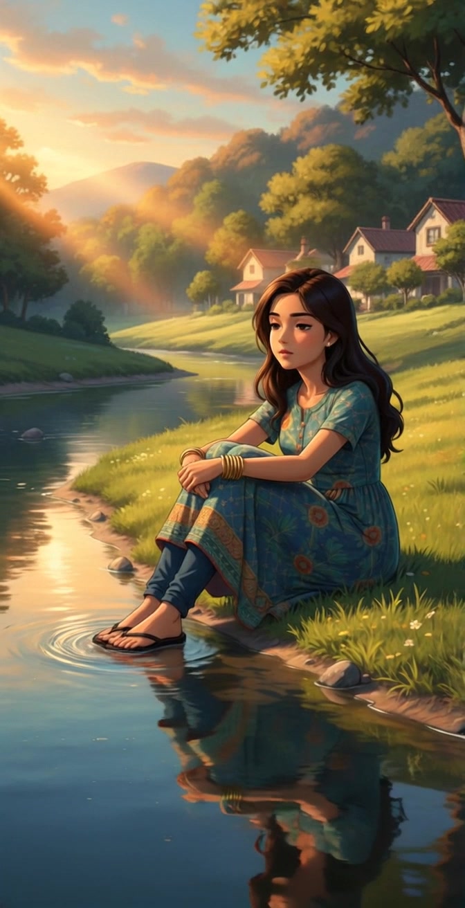 Subject: A young woman sitting peacefully by a calm river. Subject movement: She gently moves her feet in the water, creating soft ripples. Scene: Serene riverside at sunset, with grassy banks and cozy houses under a golden sky. Style: Warm, ambient lighting with golden tones enhancing the tranquil atmosphere. Motion: The camera slowly pulls back, revealing the picturesque setting while maintaining focus on the woman's relaxed demeanor.