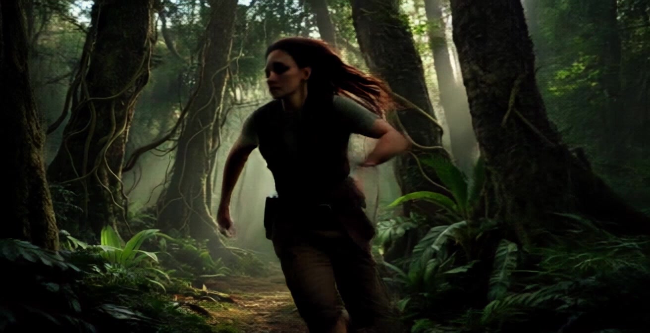 Subject: A young woman in outdoor adventure clothing. Subject movement: The woman is sprinting energetically through a dense, green jungle forest, her hair flowing with the motion. Scene: Dense jungle surrounded by towering trees and a misty stone castle tower fading into the background. Style: Lush, vibrant lighting filtering through the canopy creates a magical atmosphere. Motion: The camera follows the woman with a dynamic tracking shot, weaving through the trees as she navigates the lush terrain, capturing her excitement and the enchanting surroundings.