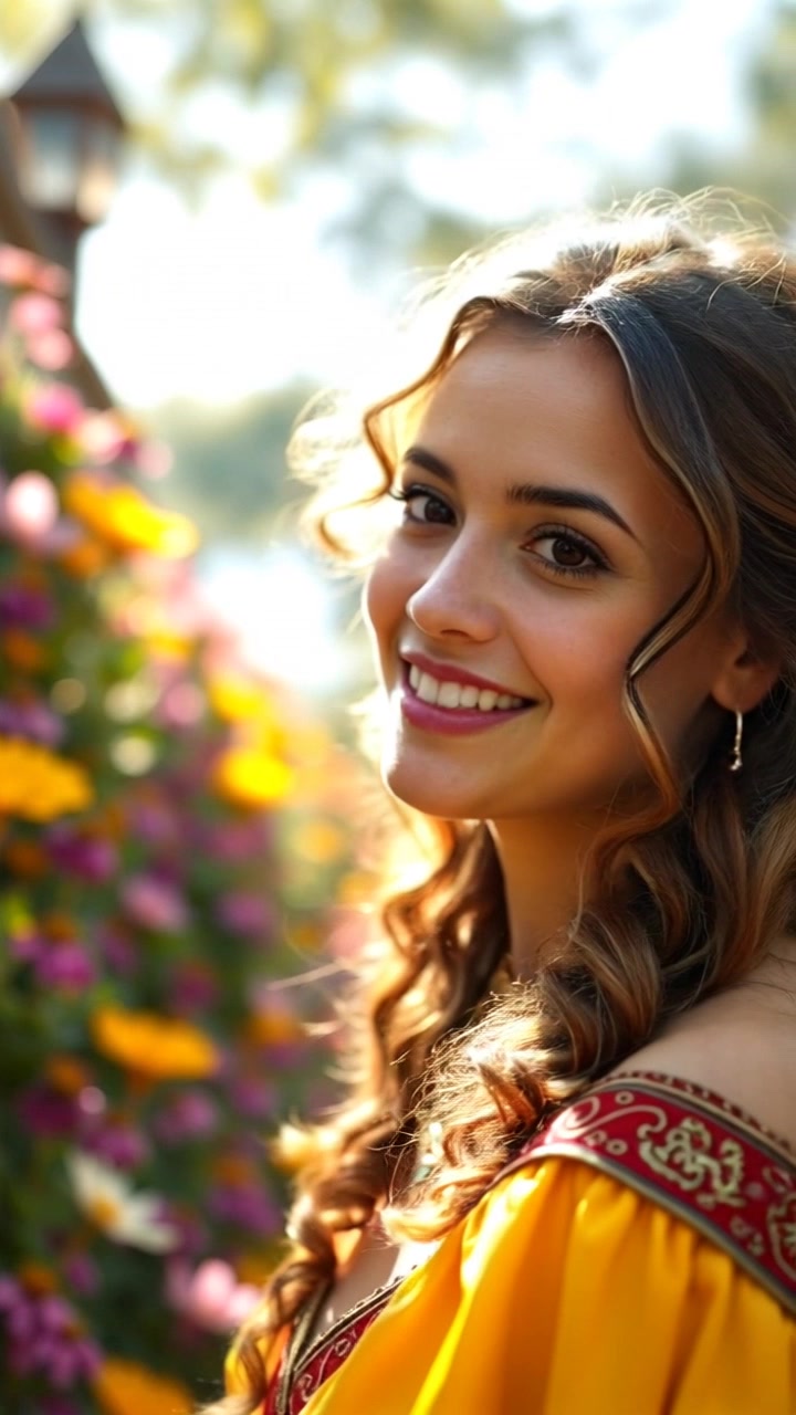 Subject: A Maya smiling softly. Subject movement: The Maya gently turns her head while admiring the flowers around her. Scene: A vibrant sunlit garden filled with colorful flowers creating a lush, inviting atmosphere. Lighting: Morning light casting a warm glow over the scene. Motion: The camera performs a slow, graceful push in, focusing on the Maya's joyful expression, surrounded by the vivid flowers swaying slightly in the breeze.
