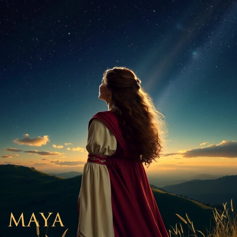 Subject: A figure standing on a hilltop. Subject movement: The figure gazes up at the night sky, loose curls gently swaying in the breeze. Scene: Hilltop overlooking a vast, star-filled sky, with a serene landscape below lit by moonlight. Style: Soft, ambient lighting accentuates the shimmering stars and the contours of the hill. Motion: Camera gradually pushes in from a wide shot of the midnight sky to a close-up of the figure, emphasizing the tranquil connection between them and the celestial display.