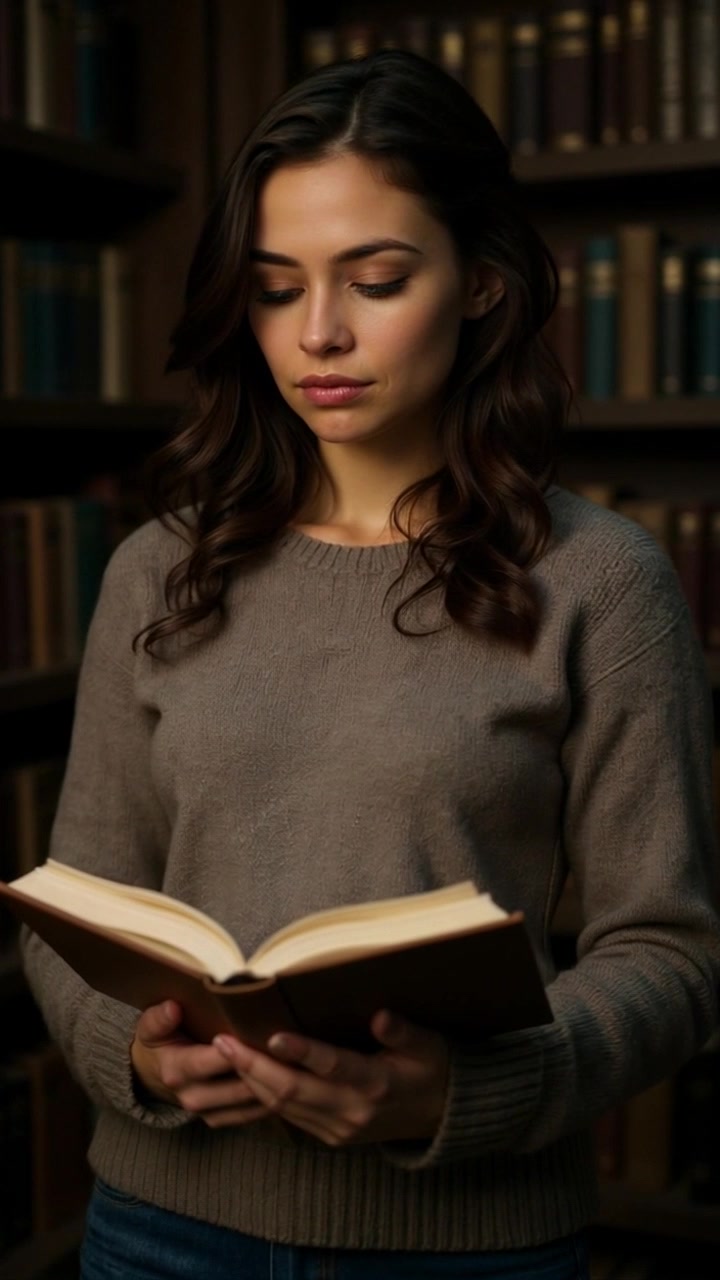 Subject: A young woman reading a book. Subject movement: She shifts slightly as she turns a page, her focus deepening. Scene: A cozy library filled with shelves of books and warm lighting, creating an inviting atmosphere. Motion: A slow dolly in towards her as the camera captures her serene expression, with soft ambient lighting gently illuminating her and the surrounding books.