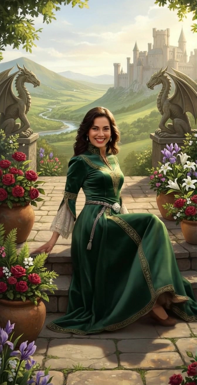 Subject: A joyful young woman in a flowing green medieval-style dress. Subject movement: She twirls playfully on the stone steps, her dress billowing elegantly around her. Scene: Sitting between two majestic stone dragon statues, surrounded by vibrant flower pots, set against a large castle and rolling hills under a partly cloudy sky. Style: Soft, ambient lighting accentuating the colors of her dress and the flowers. Motion: Camera performs a smooth push-in towards the woman, capturing her radiant smile and the intricate details of the stone steps and surrounding flora.