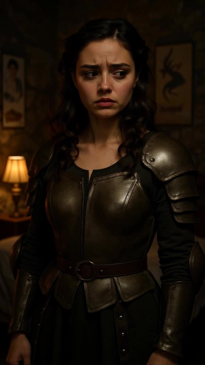 Subject: A young woman with dark curly hair clad in medieval-style metal armor, expressing concern in a dimly lit room. Scene: The interior of a cozy, shadowy chamber lit by a warm lamp, with framed artwork adorning the walls. Lighting: Soft, ambient light from the lamp, creating deep shadows and a moody atmosphere. Motion: The camera moves in slowly toward her face, capturing the intensity of her expression as she glances sideways, enhancing the feeling of tension in the air.