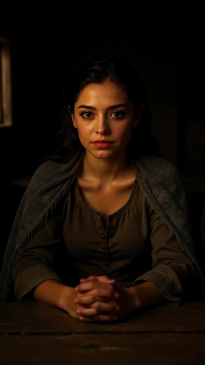 Scene: A close-up of Maya's determined face, illuminated by a soft hint of sunlight streaming through a nearby window. Style: Warm morning light enhances the contours of her expression, creating a sense of hope and resolution. Motion: Camera gently pushes in, focusing on her eyes as they convey intensity and focus, while the background slightly blurs to emphasize her determination.