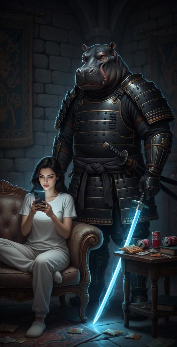 Subject: A towering warrior in black armor with a hippopotamus head stands menacingly behind a young woman. Scene: A dimly lit stone room, with ornate decor surrounding a young woman sitting cross-legged on an elegant sofa, intensely focused on her phone. Motion: The warrior shifts slightly, raising the glowing blue sword with a subtle but powerful motion, while the camera slowly pushes in to capture the intensity of the moment, juxtaposing the calm of the woman with the imposing presence of the warrior. Style: Ambient lighting enhances the eerie atmosphere, casting deep shadows, as a sense of tension builds in the scene.