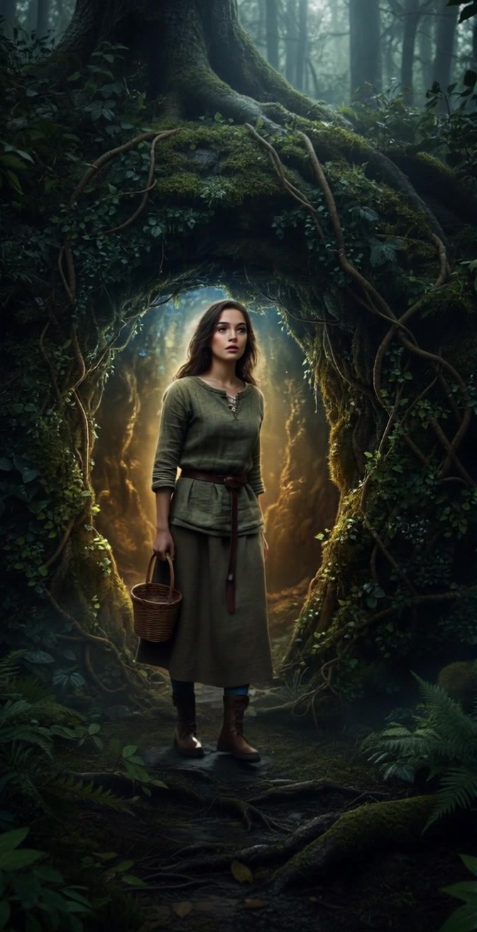 Subject: A young woman in a green dress and brown boots, holding a wicker basket. Subject movement: She takes a step forward, gazing curiously into the depths of the mystical forest. Scene: Inside a glowing natural archway made from large tree roots and vines, surrounded by a dense forest. Style: Diffused, magical lighting filtering through the leaves, creating an enchanting atmosphere. Motion: The camera gently pushes in, revealing the intricate details of the archway as the woman steps forward, allowing the viewer to feel the allure of the enchanted surroundings.