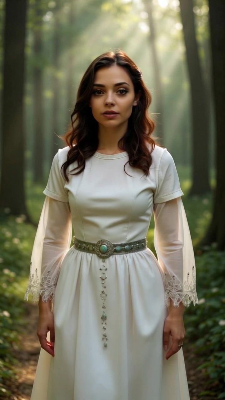 Subject: A young woman in a flowing white dress. Subject movement: The woman twirls gracefully amid the fluttering sunlight filtering through the forest canopy, her dress billowing elegantly around her. Scene: Sunlit forest with lush greenery and dappled light creating enchanting patterns on the forest floor. Style: Soft, warm lighting accentuates the details of her dress, highlighting the intricate lace and turquoise accents. Motion: A dynamic panning shot follows her movement as she spins, capturing the enchanting atmosphere of the woodland setting.