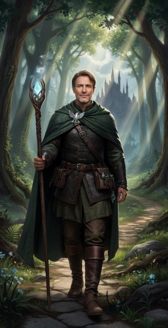 Subject: A middle-aged man dressed in fantasy armor and a green cloak. Subject movement: He walks confidently down a forest path, holding a glowing staff that illuminates the surroundings. Scene: A serene forest path with scattered sunlight streaming through the trees, revealing a misty castle in the background. Style: Warm, dappled lighting enhances the magical atmosphere as the man moves forward. Motion: The camera tracks smoothly from behind, slowly pushing in as he strides purposefully down the path, framed by parts of the lush green forest.