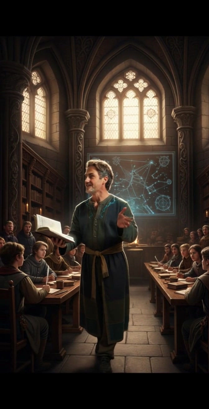 Subject: A middle-aged man in medieval attire, animatedly teaching a group of young students. Subject movement: The man gestures enthusiastically with his hands while smiling, as he shifts from one side of the classroom to the other, engaging his students. Scene: A grand, gothic-style classroom filled with light streaming through arched windows, wooden tables neatly arranged with attentive students. Style: Soft, warm lighting creating an inviting atmosphere, enhancing the medieval decor. Motion: The camera slowly pans across the classroom, capturing the students' focused expressions while circling back to the teacher, highlighting his lively interaction.