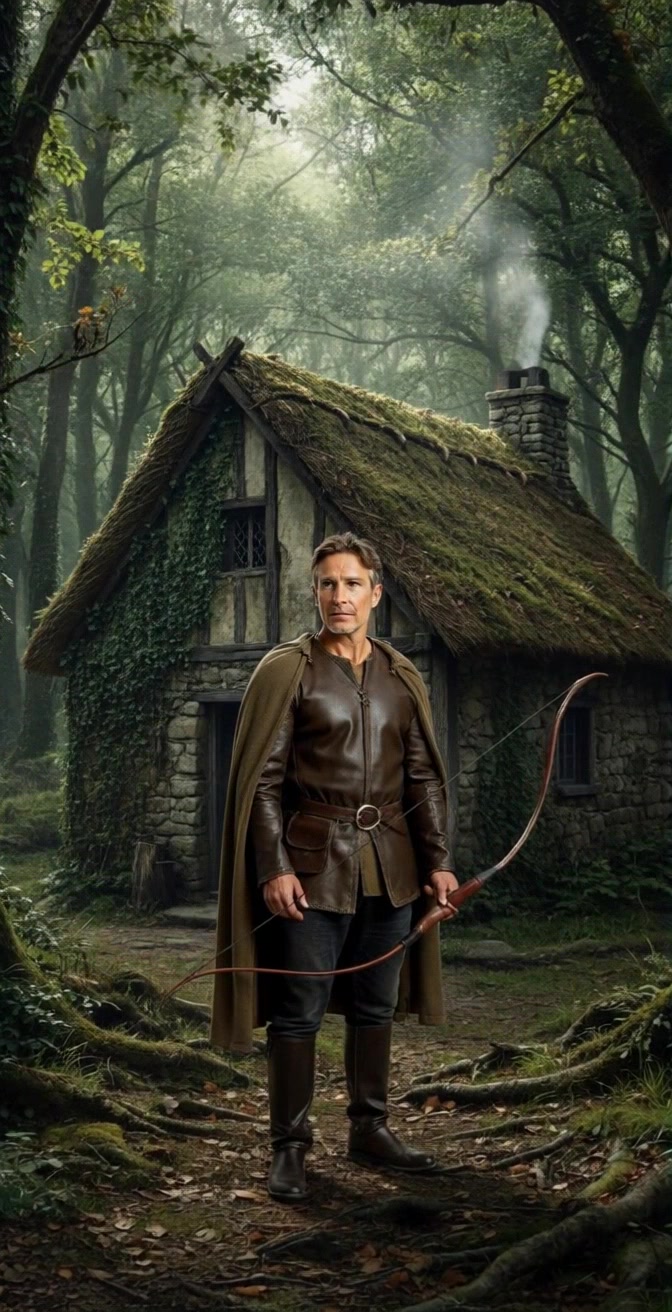 Subject: A middle-aged man dressed in medieval leather armor and a green cloak. Subject movement: He stands still, bow drawn, scanning the forest for any signs of movement. Scene: In front of a moss-covered stone cottage nestled in a dense, green forest, with smoke rising from the chimney. Style: Soft, diffused lighting filtering through the trees, creating a serene but tense atmosphere. Motion: The camera slowly pushes in towards the man, revealing the intricacies of his armor and the texture of the cottage, while the sounds of the forest create an immersive backdrop.