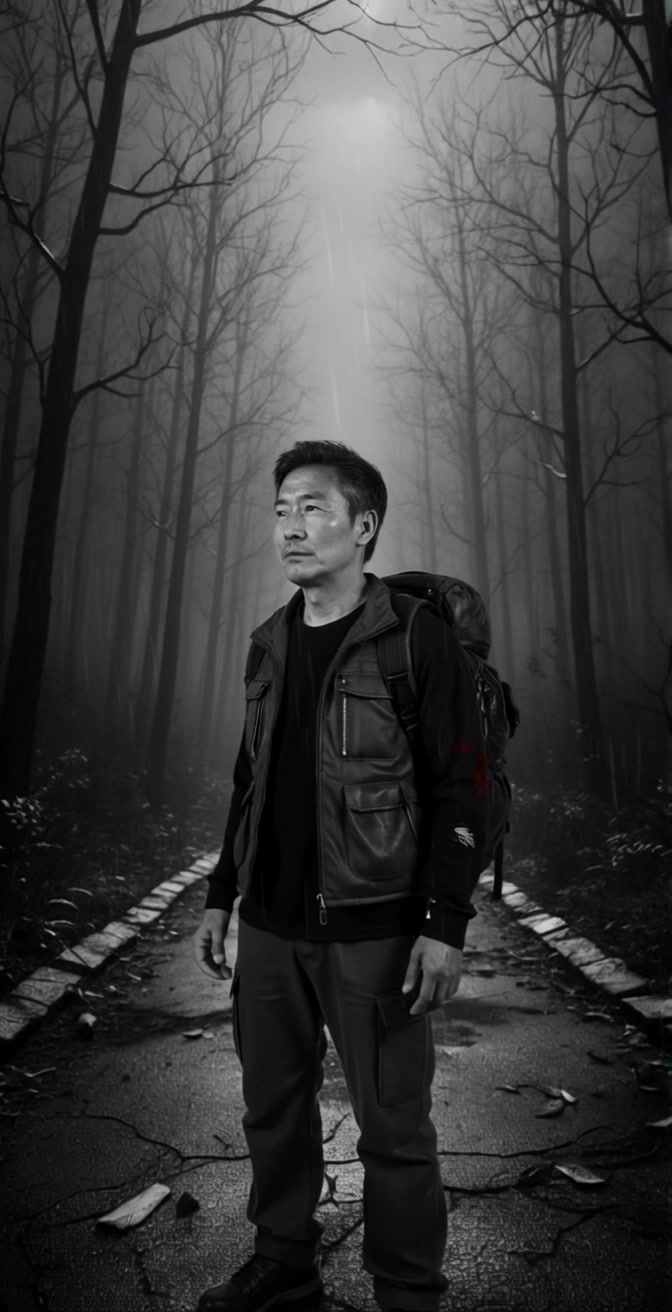 Subject: A middle-aged man standing on a cracked path, wearing a backpack. Subject movement: He gazes thoughtfully ahead, shifting his weight slightly as he contemplates his surroundings. Scene: A foggy, leafless forest at night, illuminated by faint moonlight breaking through the trees. Style: Black and white, with high contrast highlighting the textures of the cracked path and the skeletal branches. Motion: The camera slowly dolly moves forward, gaining a close-up of the man’s pensive expression while maintaining the eerie atmosphere of the forest around him.