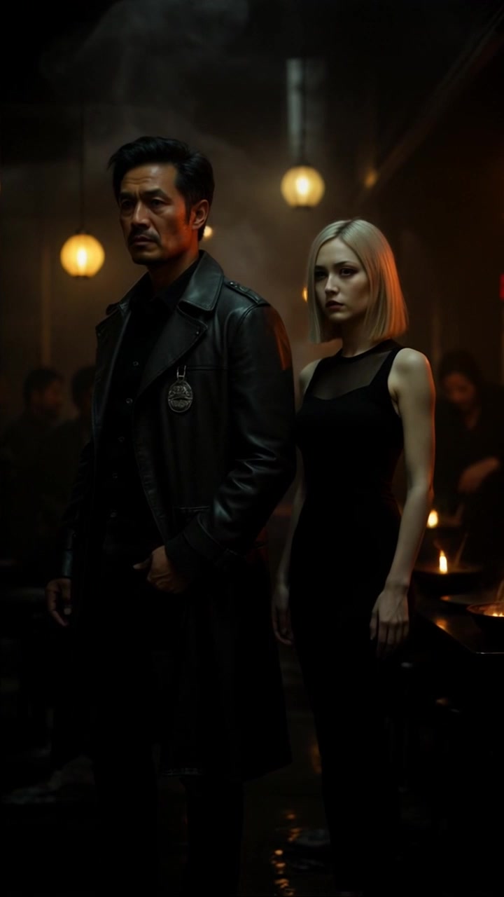 Scene: A serious-looking middle-aged man in a long black leather coat stands beside a young woman with short blonde hair in a sleeveless black dress, surrounded by a smoky, dimly lit room with warm hanging lights and indistinct figures in the background. Style: The lighting is warm and moody, creating an intimate atmosphere. Motion: The camera slowly dolly in on the pair, capturing their expressions as the smoky air shifts around them, enhancing the tension in the scene.