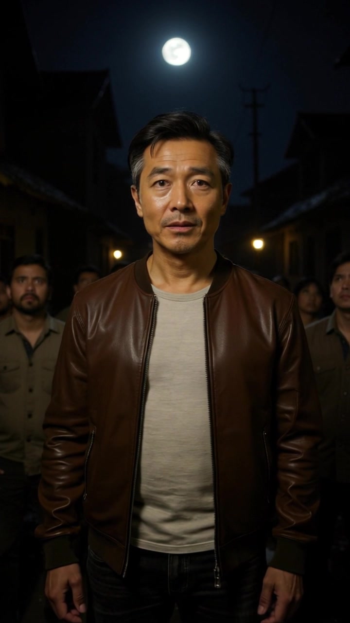 Subject: A middle-aged man in a brown leather jacket standing confidently in the foreground. Subject movement: He shifts slightly as he takes a determined stance, with the serious-looking group behind him remaining still. Scene: Dimly lit street at night with a bright full moon illuminating the scene, casting long shadows. Style: Subtle, moody lighting with a strong contrast between the bright moonlight and the darkness of the street. Motion: The camera slowly pushes in towards the man, capturing the intensity of the moment, while also revealing the group of serious individuals in the background.