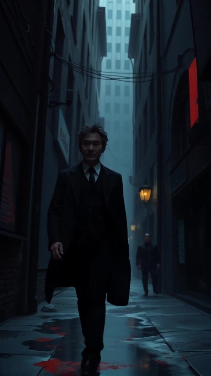 Scene: A dark, narrow alley illuminated by sporadic street lamps, with a silhouette stepping out from the shadows. Style: Moody, low-key lighting giving a dramatic contrast to the dark surroundings, evoking a sense of tension and intrigue. Motion: Camera push-in towards the silhouette as it emerges into the dim light, slowly revealing the details of the environment while maintaining a suspenseful atmosphere.