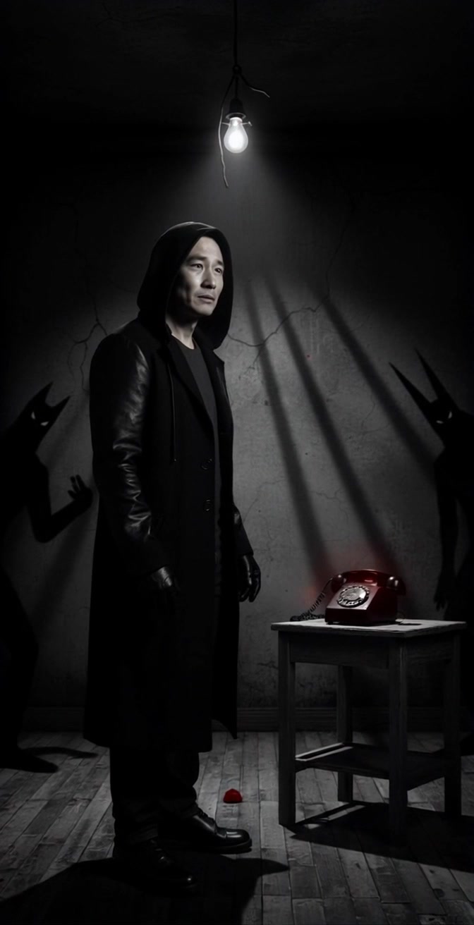 Scene: A solemn man in a black hooded coat standing under a single light bulb in a dark, cracked room, accompanied by two menacing shadowy figures with pointed ears. Style: Moody, dim lighting accentuating the eerie atmosphere, with a faint glow from a red rotary phone on a small wooden table. Motion: The camera slowly pushes in towards the man, capturing the intensity of his expression as he glances towards the glowing phone, while the shadows loom ominously behind him.