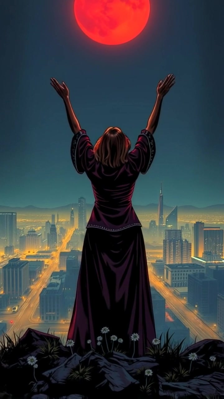 Subject: Monique standing on a hilltop. Subject movement: With arms raised triumphantly towards the sky, she gazes over the vast landscape below. Scene: A breathtaking view from a hilltop, lush valleys and distant mountains stretching far into the horizon. Lighting: Warm, golden-hour light enveloping the scene, enhancing the colors of the terrain. Motion: The camera begins with a close-up on Monique, smoothly pulling back to reveal the expansive landscape behind her as the wind gently sways the grass.
