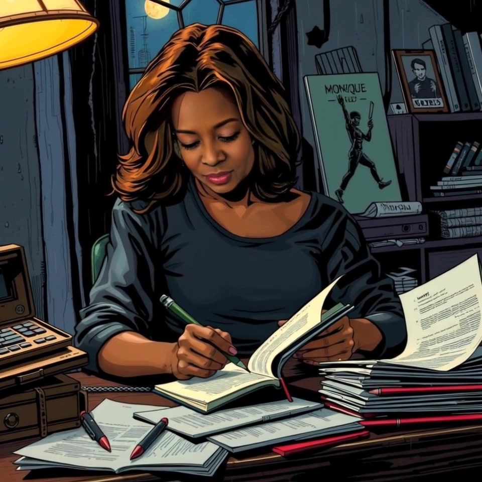 Scene: A cozy, dimly lit workspace with stacks of documents scattered across a desk, creating a sense of organized chaos. Style: Warm, ambient lighting that casts soft shadows, enhancing the focus on the writing process. Motion: Camera slowly pushes in on the desk, gradually revealing Monique's focused expression as she writes intently in her notebook.