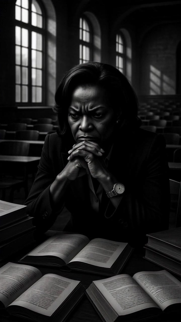 Subject: A middle-aged woman with a serious expression. Subject movement: She leans forward as if deep in thought, adjusting the pages of the books around her. Scene: A dimly lit room with large arched windows, surrounded by rows of empty seats, creating an intimate yet contemplative atmosphere. Style: Soft, moody lighting highlights her features and the texture of the books. Motion: The camera slowly pushes in toward the woman, capturing the depth of her concentration, as shadows dance gently across the room.