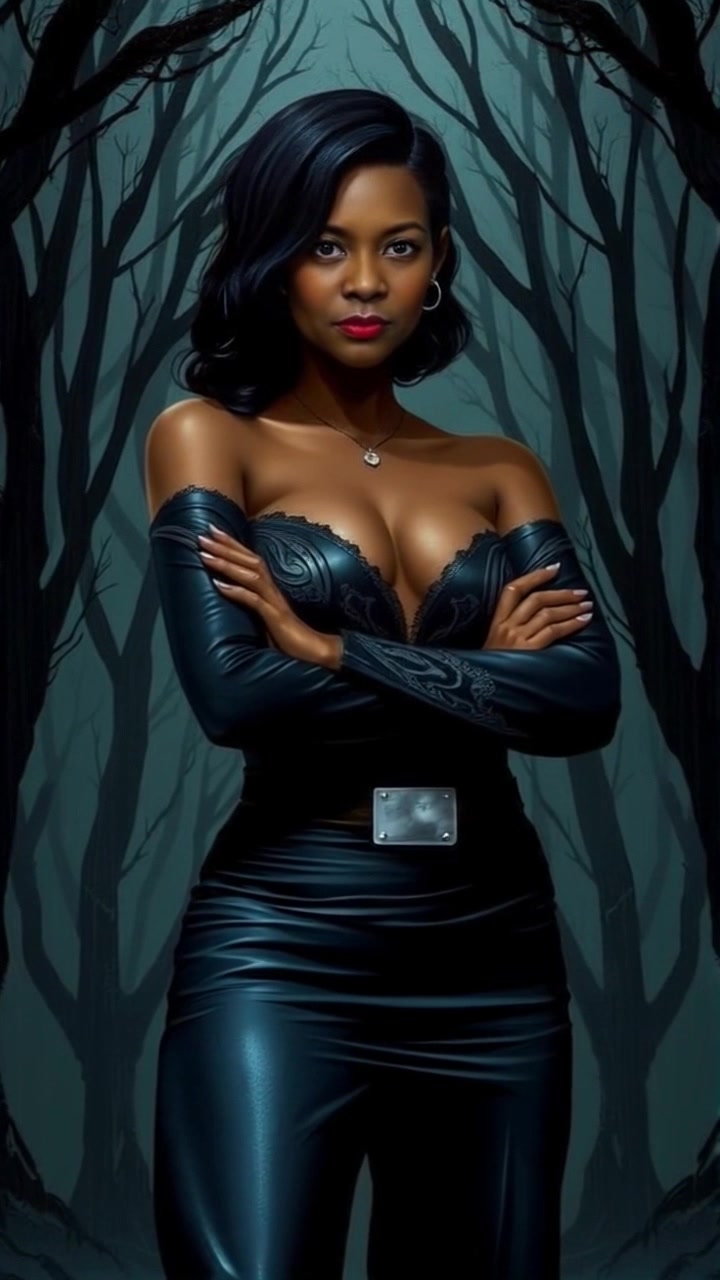 Subject: A figure standing protectively in a serene forest clearing. Subject movement: The figure remains steadfast with arms crossed, exuding a calm but vigilant presence. Scene: An enchanting forest setting, with tall trees and dappled sunlight filtering through the leaves, creating a serene yet slightly tense atmosphere. Style: Soft morning light highlighting the natural colors of the forest, casting gentle shadows. Motion: The camera slowly dollies in toward the figure, capturing the intricate details of her expression and the peaceful, yet watchful ambiance of the surrounding woods.