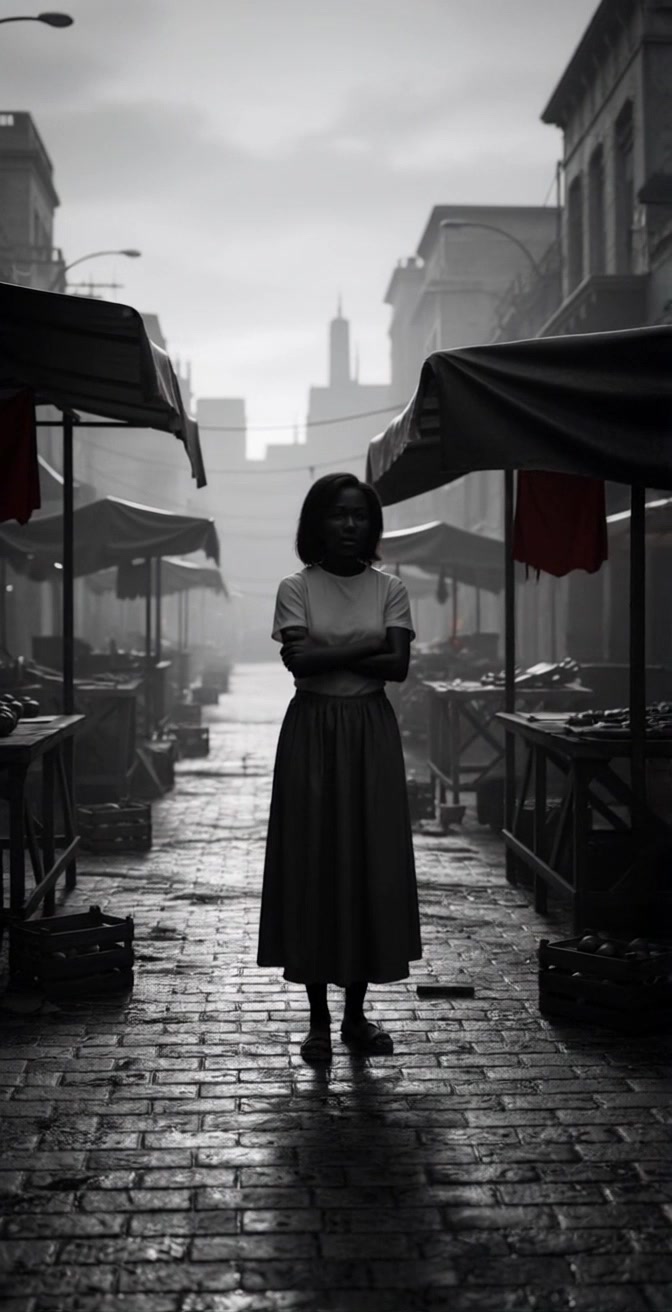 Scene: A young woman stands in the center of a deserted outdoor market street at dusk, surrounded by empty stalls and crates, under a moody, cloudy sky. Style: Soft, diffused lighting that enhances the quiet, contemplative atmosphere of the early evening. Motion: The camera slowly pans from left to right, revealing the deserted market as the woman's silhouette is elegantly framed against the fading light.