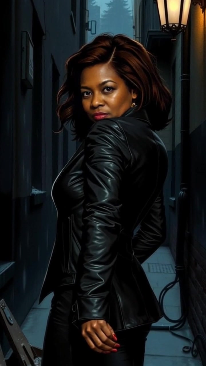Subject: A woman backing away slowly. Subject movement: She moves cautiously backward, her posture tense, eyes wide with fear as she glances over her shoulder. Scene: A dark, ominous alley filled with looming shadows and dim light. Style: Harsh, moody lighting amplifying the shadows and creating a feeling of unease. Motion: Camera follows her movements with a handheld tracking shot, gradually tightening the focus on her facial expression, capturing the fear and tension in the atmosphere.