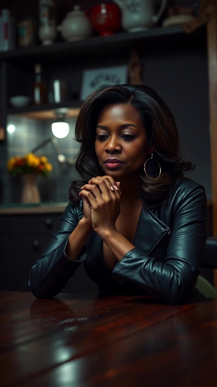 Scene: A warmly lit kitchen with soft, inviting tones, where a contemplative woman sits alone at a rustic wooden table, hands clasped in thought. Style: Morning light filtering through a nearby window, casting gentle shadows across the table. Motion: The camera slowly pushes in from a wide shot, gradually focusing on her pensive expression, creating an intimate atmosphere.