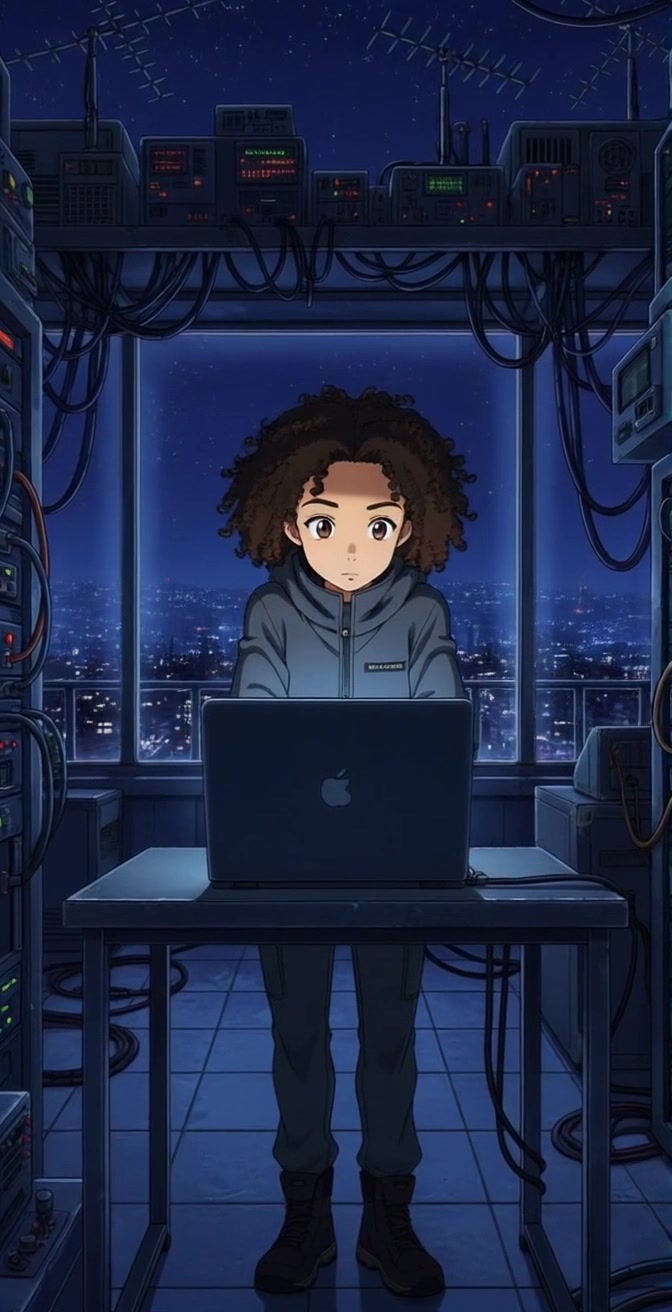 Subject: A young person with curly hair immersed in work. Subject movement: They type intently on their laptop, occasionally glancing up at the glowing cityscape beyond the window. Scene: A dimly lit room filled with electronic equipment and tangled wires, with a vibrant city skyline illuminated in the background. Style: Soft, ambient lighting that highlights the contours of their focused expression. Motion: The camera performs a slow push-in from behind, capturing the glow of the laptop screen and the city lights, creating an intimate feel of concentration and creativity.