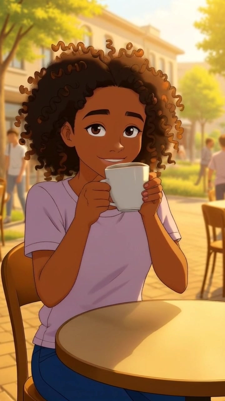 Subject: A woman sitting at a café table, holding a coffee cup with a warm smile. Subject movement: She lifts the cup to her lips, taking a gentle sip, then looks around the café with a cheerful expression. Scene: Cozy café ambiance, with warm wooden tables and soft, inviting lighting. Motion: The camera does a slow push-in, capturing the joy on her face while the background gently blurs through a bokeh effect, enhancing the intimate atmosphere.