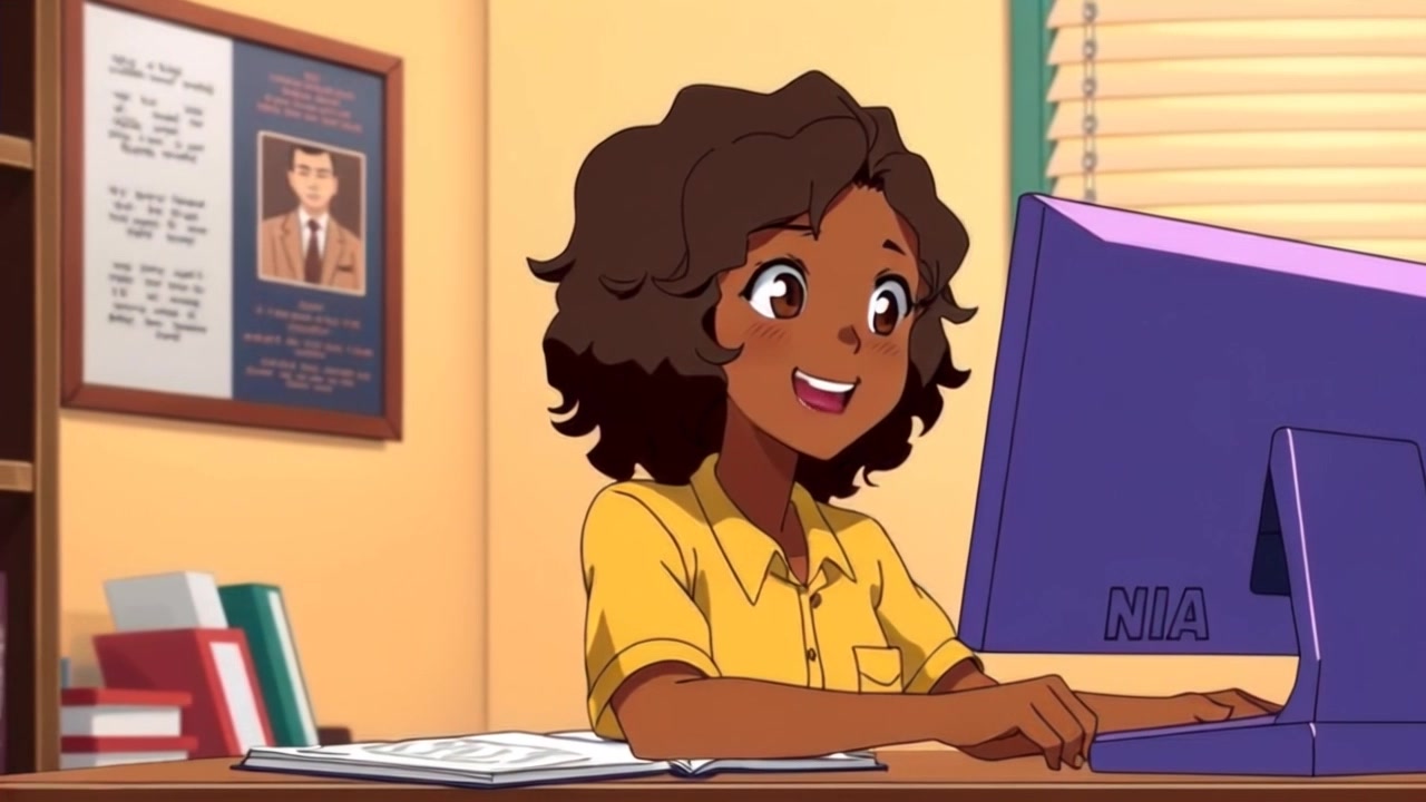 Subject: A young woman seated at a desk, smiling and preparing to speak. Subject movement: She leans slightly forward, emphasizing her engagement. Scene: A cozy, well-lit study room filled with books and personal items, showcasing a warm and inviting atmosphere. Style: Soft, ambient lighting creates a welcoming environment, highlighting her expressions and the details of the room. Motion: The camera performs a gentle push-in towards her as she starts to speak, capturing the warmth of her smile and the inviting details of her surroundings.