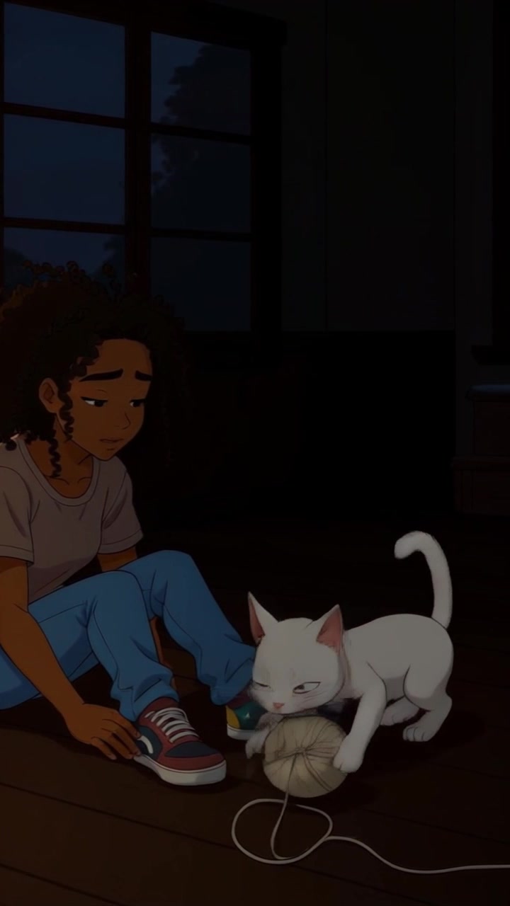 Subject: A playful white cat pawing at a ball of yarn. Subject movement: The cat energetically rolls the yarn across the floor, occasionally pouncing and playfully swatting at it. Scene: A cozy, dimly lit room during the night, with the glow of moonlight filtering through the window and casting soft shadows. Style: Calm, ambient lighting with a warm atmosphere. Motion: The camera gently pans from the cat to the young girl sitting contemplatively on the floor, capturing her expression as she observes the playful antics of her companion.