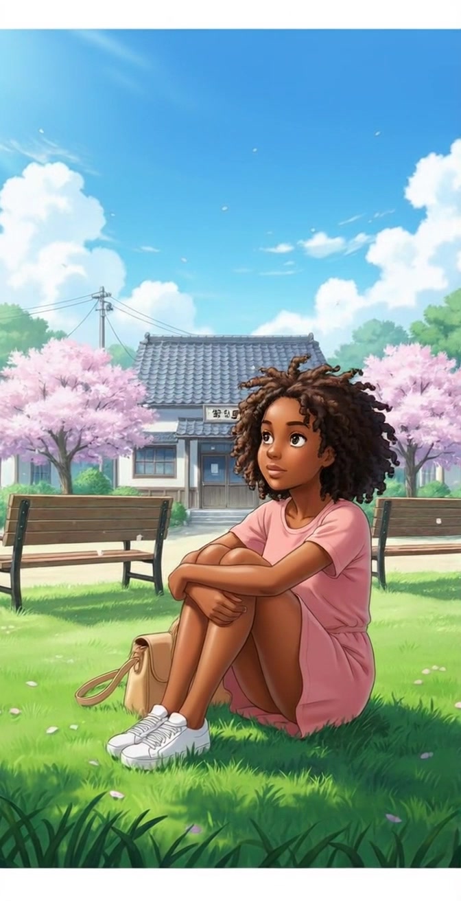 Subject: A young girl with curly hair sits on lush green grass, gazing thoughtfully into the distance. Scene: A picturesque park setting adorned with pink blossoming trees, two wooden benches, and a charming traditional building, all under a bright blue sky dotted with soft clouds. Motion: The camera glides smoothly around her, capturing her contemplative expression as the gentle breeze causes the flowers to sway subtly in the background. Lighting: Bright, natural light emphasizes the beauty of the scene, creating an inviting and serene atmosphere.