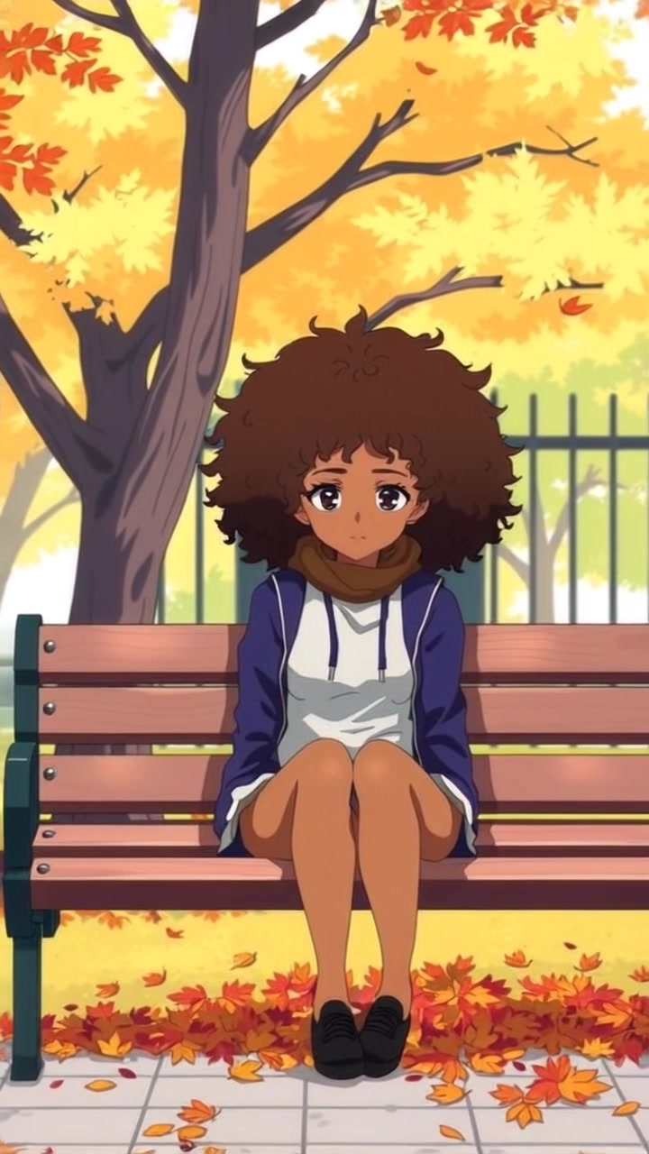 Scene: Nia sitting alone on a park bench, surrounded by a blanket of fallen leaves in a tranquil park. Style: Soft, diffused lighting creating a moody and introspective atmosphere, with the golden tones of autumn leaves enhancing the scene. Motion: The camera gently zooms in on Nia's downcast face, capturing the reflections of the golden sunlight filtering through the trees, before panning out to reveal the peaceful yet somber surroundings.