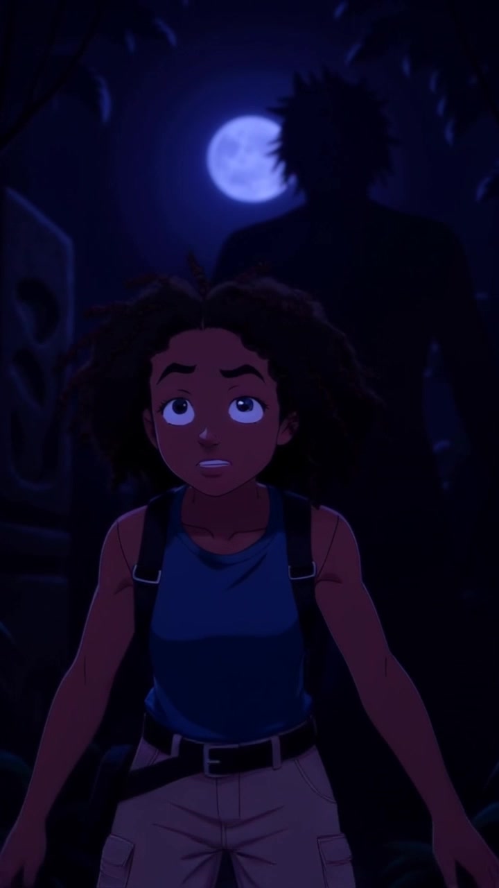 Subject: A young woman named Nia stands frozen in fear. Subject movement: Nia shivers, her body tense as she watches a shadowy figure emerge slowly from the darkness behind her. Scene: Dimly lit street at night, surrounded by looming buildings and flickering streetlights. Style: Moody, low-key lighting envelops the scene, creating deep shadows and highlighting Nia's expression of terror. Motion: Handheld camera approach, weaving through the shadows as it moves closer to Nia, capturing her fearful gaze while the ominous figure approaches just out of frame.