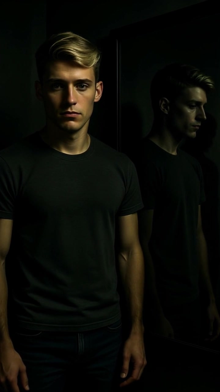 Subject: A young man with blond hair in a dark t-shirt standing in front of a mirror. Subject movement: The man shifts his gaze from the mirror to the camera, creating a strong connection. Scene: A dimly lit room with a dark background, emphasizing the reflection of the man in the mirror framed strikingly. Style: Moody lighting, accentuating shadows and highlights on the man's face. Motion: The camera pushes in slowly toward the mirror, capturing the intensity of his expression while maintaining focus on his profile.
