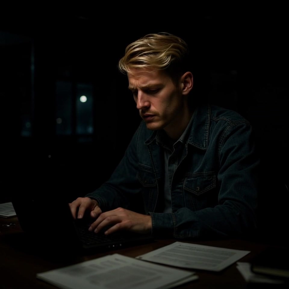 Scene: A young man with blond hair, wearing a denim jacket, sits at a cluttered table in a dimly lit room, intensely focused on typing on his laptop among scattered papers. Style: Low-key lighting casts soft shadows, enhancing the atmosphere of concentration and seriousness. Motion: The camera gently pushes in, creating an intimate portrait as the man's fingers move swiftly over the keys, capturing the intensity of his effort.
