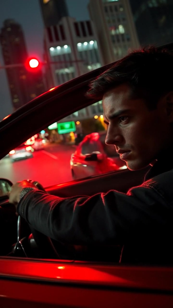 Subject: A young man with dark hair, intensely focused while driving. Subject movement: The man turns the steering wheel sharply as the car navigates through the bustling city streets. Scene: Nighttime city street filled with vibrant red lights reflecting off cars and buildings, creating a lively urban atmosphere. Style: Dramatic lighting enveloped in deep shadows, emphasizing the vivid reds from traffic signals and neon signs. Motion: The camera moves steadily inside the car, starting from a closeup of the driver's determined face before pulling back to capture the dynamic movement of the city outside.