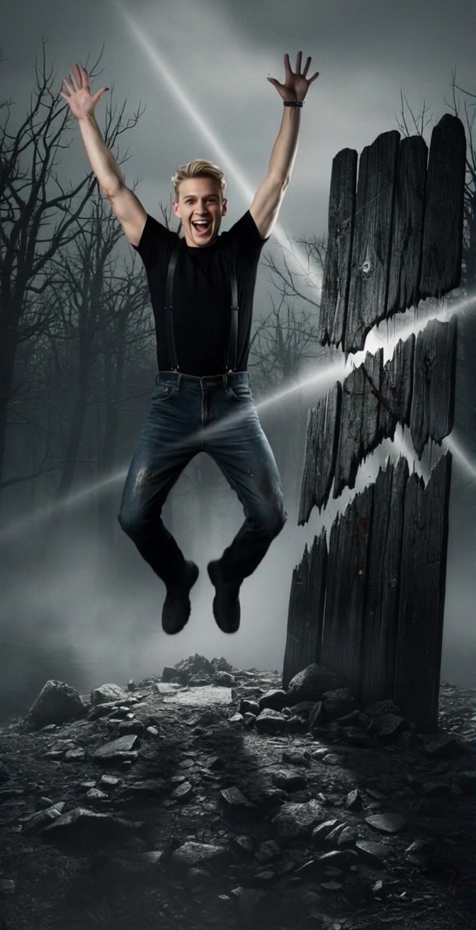 Subject: A young blond man in suspenders, joyfully jumping with arms raised. Subject movement: He leaps exuberantly beside a tall, cracked wooden post in a dark, misty forest. Scene: Misty forest with tall trees fading into the background. Style: Mysterious and enchanting lighting creates a sense of wonder, highlighting the young man's energy. Motion: The camera performs a gentle tracking shot that follows the man's jump, capturing his joyful expression and the surrounding mist swirling around him.