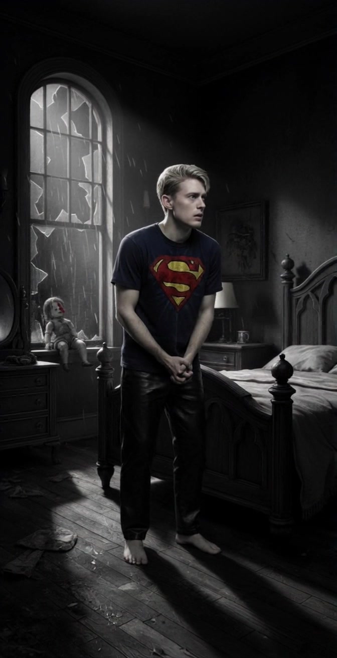 Subject: A young man with blond hair in a Superman T-shirt standing barefoot. Subject movement: He shifts slightly from side to side, showing an anxious demeanor. Scene: A dark, old-fashioned bedroom featuring a wooden bed and a broken window, with a creepy doll with red eyes perched on the dresser. Style: Low-key lighting with shadows creating an ominous, chilling atmosphere. Motion: The camera slowly dolly in, closing in on the young man as he glances nervously toward the doll, emphasizing tension in the room.