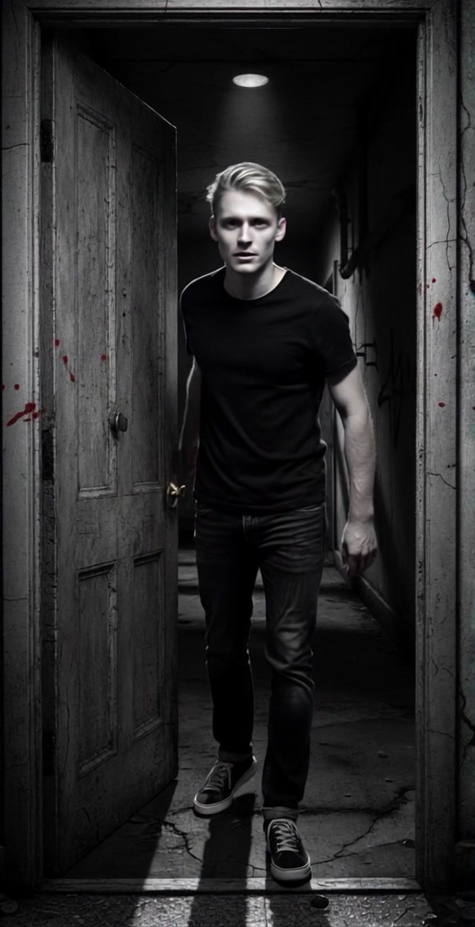 Subject: A young man with light hair in a black t-shirt and jeans, standing in a dimly lit, cracked doorway. Subject movement: He holds the door open and slowly steps forward with a serious expression, showcasing determination as he emerges from the shadows. Scene: The cracked doorway leads into a dimly lit interior, the ambiance thick with tension, hinting at something significant beyond. Style: Moody lighting creates deep contrasts, emphasizing the man's features and the textural details of the worn doorway. Motion: The camera pushes in gradually, capturing the intensity in his eyes as he steps into the light, revealing a glimpse of the world outside.