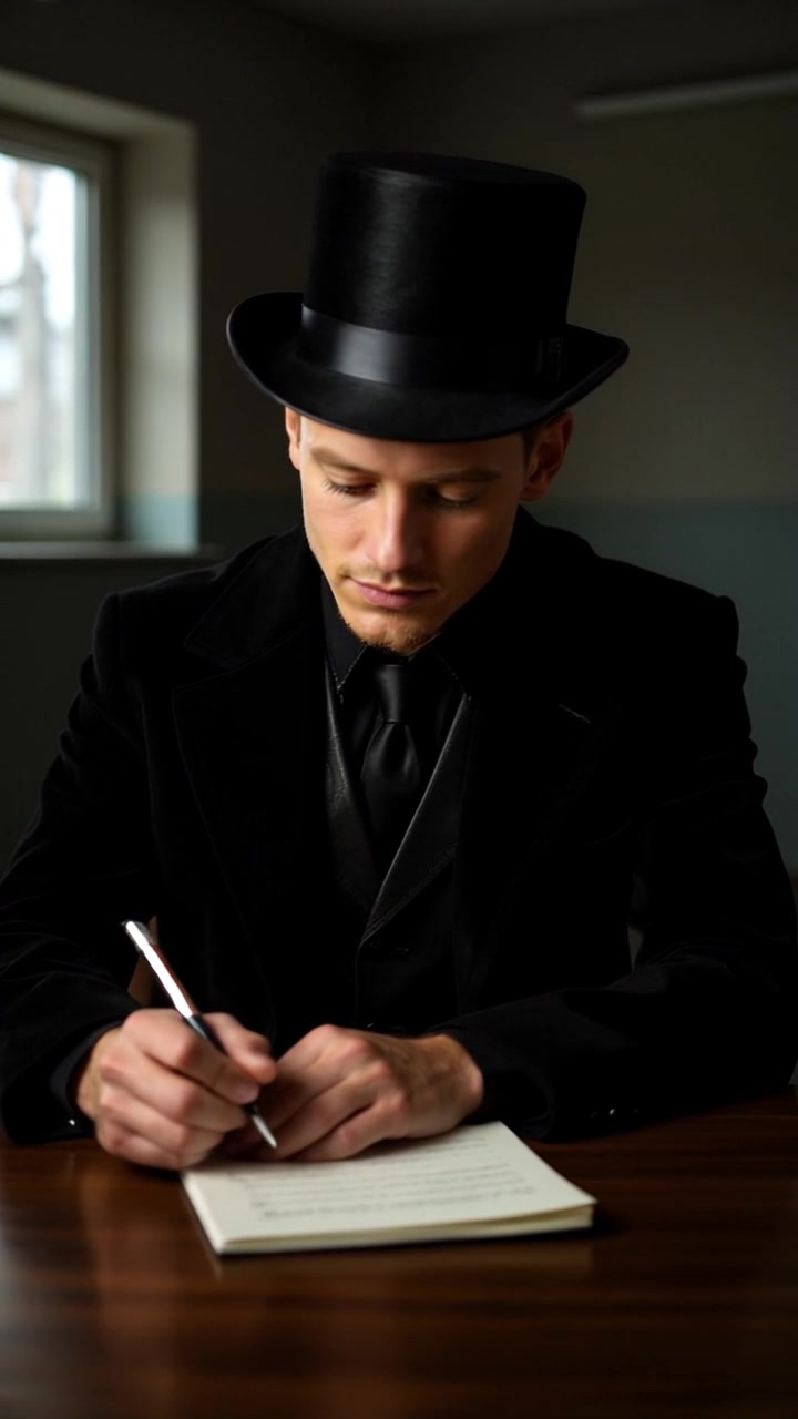 Subject: A young man in a black top hat and black suit. Subject movement: He is writing intently in a notebook, occasionally looking up directly at the camera with a contemplative expression. Scene: A dimly-lit room, with shadows dancing across the wooden table and soft textures in the background. Style: Warm, moody lighting enhances the atmosphere, creating a feeling of intimacy and reflection. Motion: The camera begins with a close-up of the man’s focused face, then slowly pushes in on his notebook, capturing his handwriting and the details of the pen.