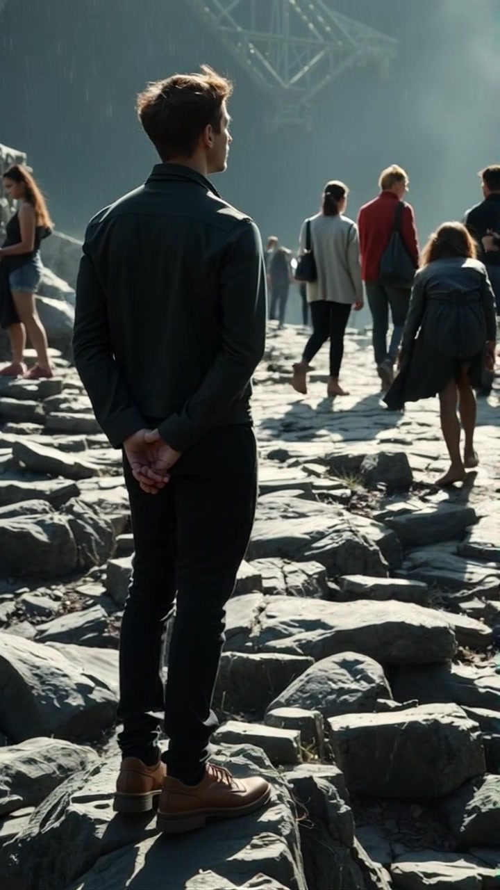 Subject: A young man standing still on rocky terrain, hands clasped behind his back. Scene: The young man is set against a backdrop of casually dressed people walking in the background under a slightly rainy sky, full of grey clouds and wet surfaces. Style: Soft, diffused light creates a moody atmosphere, enhancing the somber tones of the landscape. Motion: The camera slowly pushes in on the young man, capturing subtle details of his expression and the raindrops falling on the surrounding scenery.