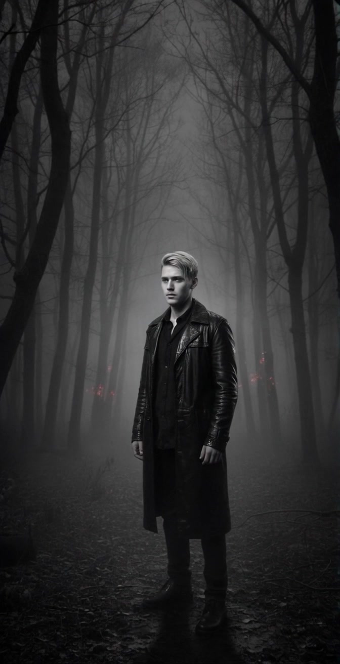 Subject: A young man with blond hair in a long black leather coat, standing still in a dark, foggy forest surrounded by tall, bare trees. Scene: Eerie forest setting with a moody, mysterious atmosphere, faint red lights flickering in the background. Motion: The camera slowly pans around the young man, capturing the intensity of the fog as it swirls through the trees while maintaining a close-up on his contemplative expression. Lighting: Dim, with a haunting glow from the red lights, creating a contrast against the darkness of the forest.