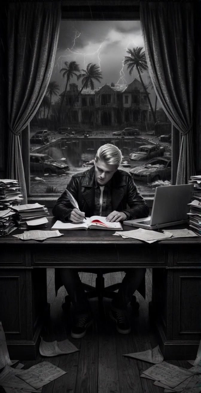 Subject: A serious young man with blond hair and a leather jacket, intensely writing in a notebook with a feather pen at a cluttered desk. Scene: The interior of a quaint room with a view of a stormy landscape outside, showcasing rain, lightning, palm trees, a dilapidated mansion, and wrecked cars submerged in water. Motion: Camera gently zooms in on the young man as he writes, with the stormy scene flickering in the background, enhancing the mood of concentration and intensity. Style: Dramatic, low-key lighting emphasizing the contrast between the warm interior and the chaotic exterior.